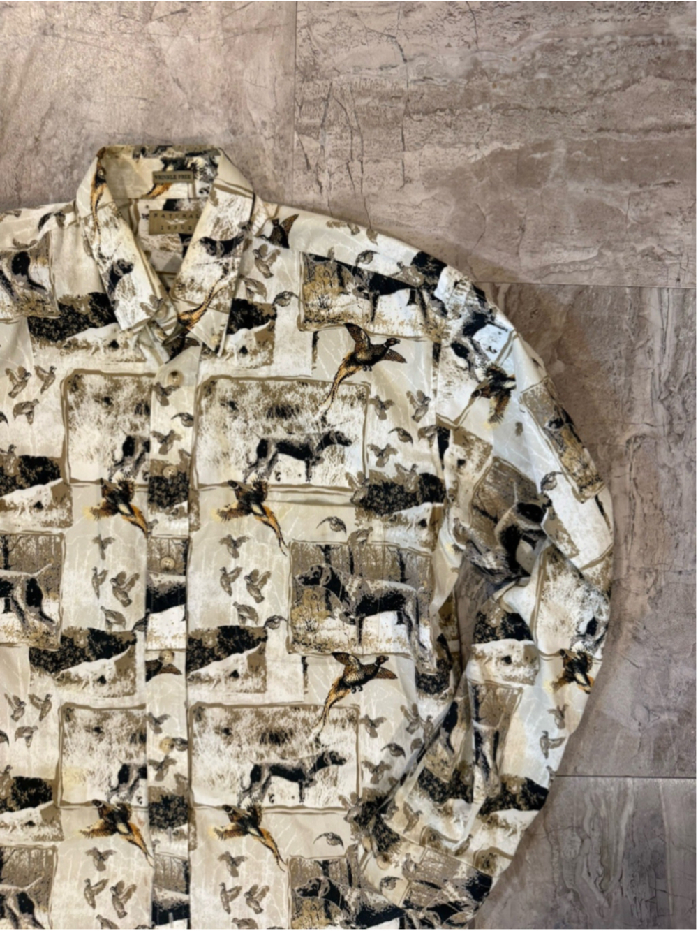 VTG Natural Issue Mens Bird Dog All Over Print Hunting Shirt Cotton L TALL